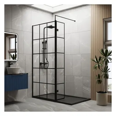 8mm Glass Walk In Wetroom Screen and Hinged Return Black Framed Design and Grey Shower Tray - x 