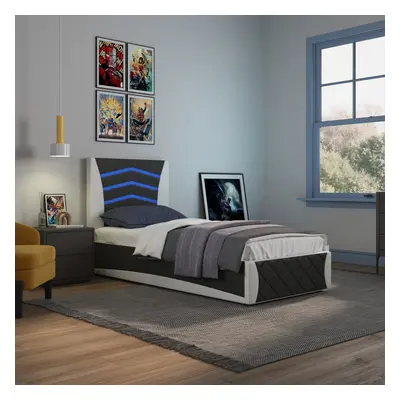 (Black and White) Galaxy Ottoman Storage LED Headboard Gaming Single Black Bed Frame