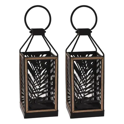 (x2) Black Metal Leaf Effect Lantern With Glass Tealight Holder & Wooden Trim 48cm