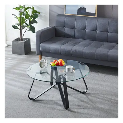 (Black) Round Coffee Table Modern Sofa Side Table with Glass Top