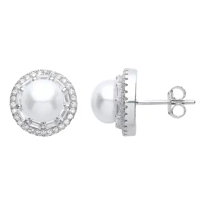 Jewelco London Ladies Sterling Silver Cubic Zirconia & Freshwater Cultured Pearl Full Moon Halo 