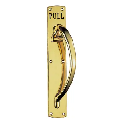 Curved Right Handed Door Pull Handle Engraved with 'Pull' Polished Brass