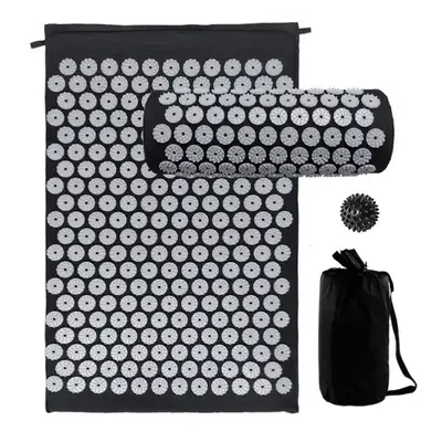 (Black) Acupressure Mat and Pillow Set with Spiky Massage Ball Carry Bag for Back Neck Pain Stre