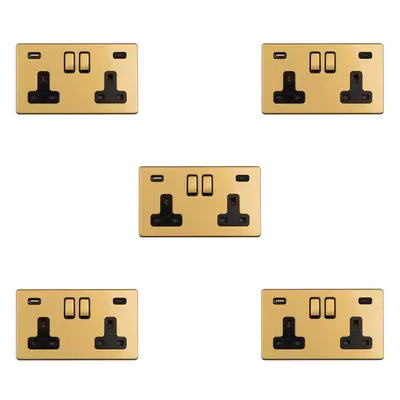 5 PACK Gang Double 13A UK Plug Socket & 2x 3.1A USB-C SCREWLESS SATIN BRASS