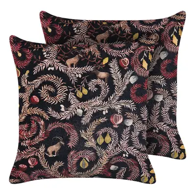 Set of Velvet Cushions with Botanical Pattern x cm Black and Pink RICINUS