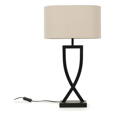 Large Black Metal Bedside Table Lamp with Oatmeal Oval Shade Light