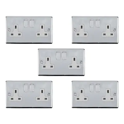 5 PACK Gang Double UK Plug Socket POLISHED CHROME 13A Switched White Trim