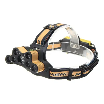 (Gold) 6-Modes 7xT6+2xQ5 LED Head Lamp USB Rechargeable Camping Head Torch With SOS Whistle Func