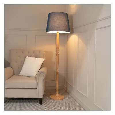 ValueLights Victoria Navy Blue Taper Shade Light Wood Stem Floor Lamp