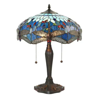 Tiffany Glass Table Lamp Light Dark Bronze Base & Blue Dragonfly Shade i00192