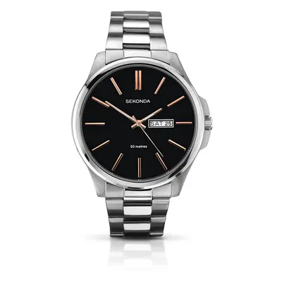 Sekonda Men's Quartz Watch with Black Dial Analogue Display and Silver Stainless Steel Bracelet 