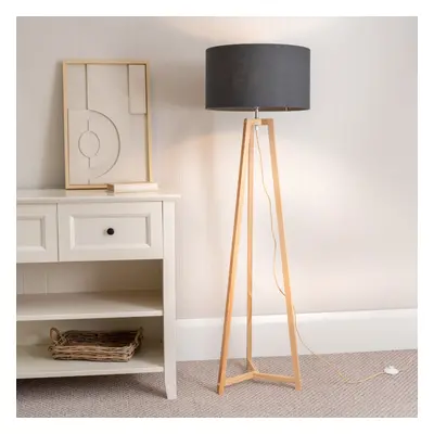 ValueLights Lottie Charcoal Shade Wood Tripod Floor Lamp & LED Bulb