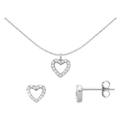 Jewelco London Ladies Rhodium Plated Sterling Silver CZ Love Heart Halo Earrings Necklace Set - 