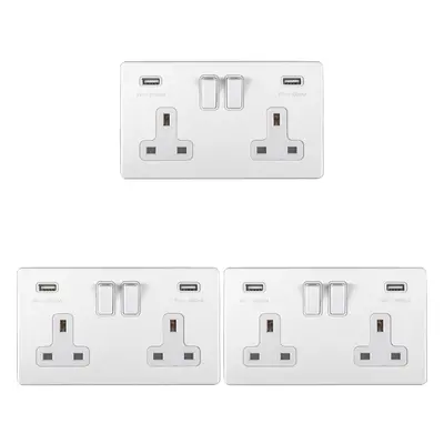 3 PACK Gang Double 13A UK Plug Socket & 2.1A USB-A SCREWLESS MATT WHITE