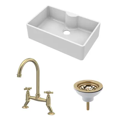 Fireclay Kitchen Bundle - Single Bowl Butler Sink with Tap Ledge, Waste & Bridge Tap, 795mm - Br