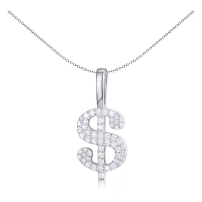 Jewelco London Men's Rhodium Silver Round CZ Encrusted Dollar Sign Charm Pendant - APD188