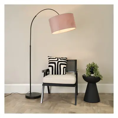 ValueLights Louis Black Arched Floor Lamp with Blush Pink Velvet Shade