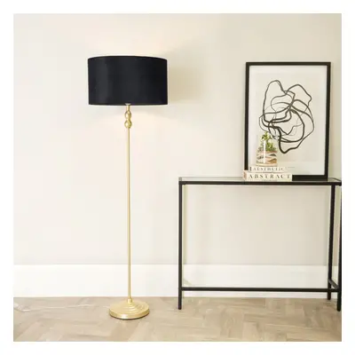 ValueLights Maggie Gold Floor Lamp with Black Velvet Shade and Bulb