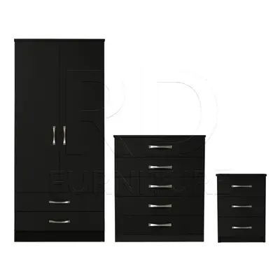 Ready assembled Pcs Classic Door Drawer Wardrobe, Chest and Bedside Set Black