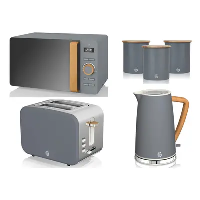 Swan Nordic Grey Kettle, Slice Toaster, Microwave & Canisters Set