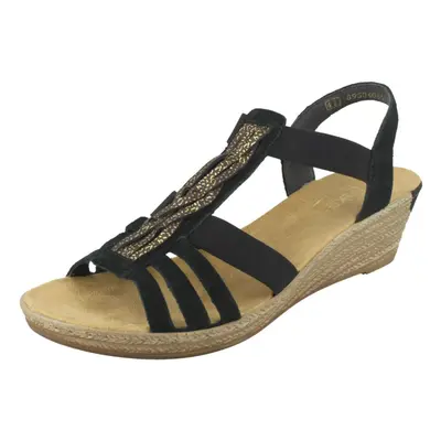 (UK 8, Black) Ladies Rieker Wedge Summer Sandals