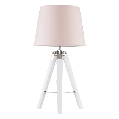 Modern White Wood and Silver Chrome Tripod Table Lamp with a Pink Tapered Shade - Complete with 