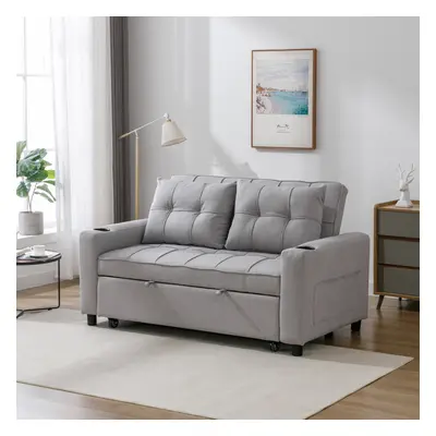 (Light Grey) HUDSON 2-SEATER SOFA BED LINEN FABRIC WITH CUP HOLDERS