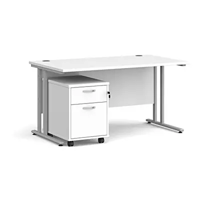 Mr Office Maestro straight desk - with silver cantilever frame and drawer pedestal bundle, White