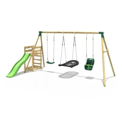 (Halley, Green) Rebo Wooden Swing Set plus Deck & Slide