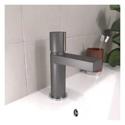 Arte Handleless Futuristic Matt Grey Basin Mixer Tap Deck Mounted Brass Core