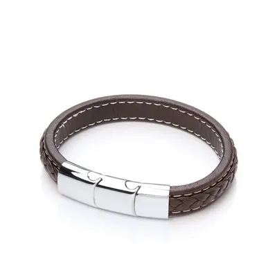 Jewelco London Mens Rhodium Plated Stainless Steel Brown Leather Platted Cuff Bracelet 12mm 8.5 