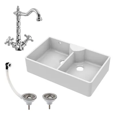 895mm - Double Bowl Fireclay Butler Kitchen Sink - Stepped Weir, Classic Tap & Wastes