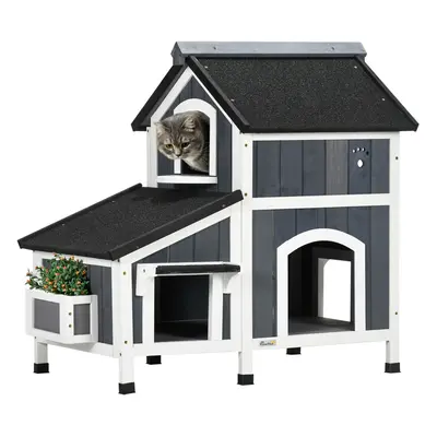 PawHut Wooden Outdoor Cat House w/ Flower Pot, Windows, Multiple Entrances