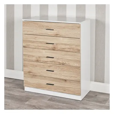 (White Carcass with Oak Drawers, 5) URBNLIVING Drawer Wooden Bedroom Chest Cabinet