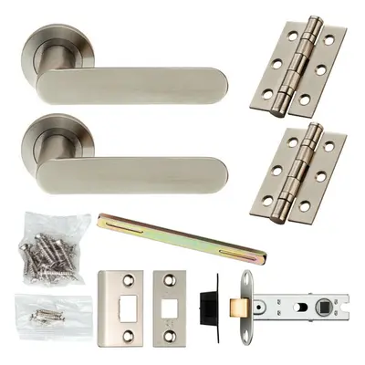 Door Handle & Latch Pack Satin Steel Flat Faced Lever Screwless Round Rose