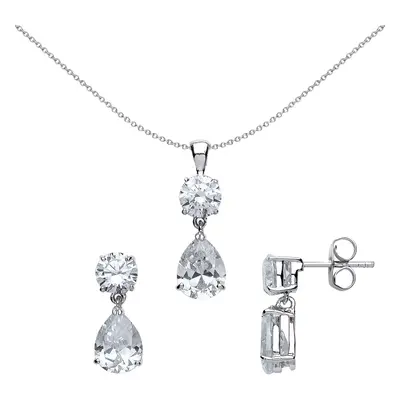 Jewelco London Sterling Silver Pear Cubic Zirconia Tears of Joy Toi et Moi Earrings Necklace Set