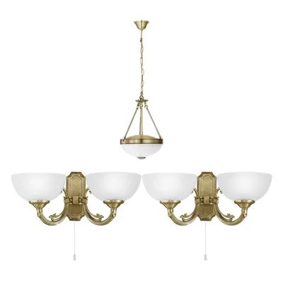 Ceiling Pendant Light & 2x Matching Wall Lights Bronze & White Satin Glass Shade