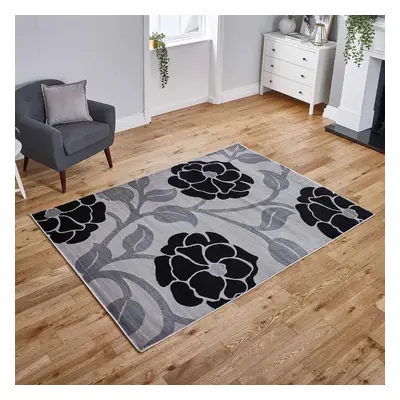 (Grey / Black, 80x150cm) Floral Rugs Flower Carpet Hall Runner