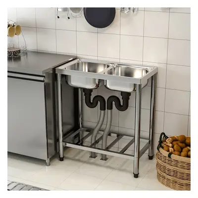 Two Compartment Stainless Steel Sink with Shelf