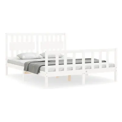 vidaXL Bed Frame Bed Base Wooden Bed with Headboard White King Size Solid Wood