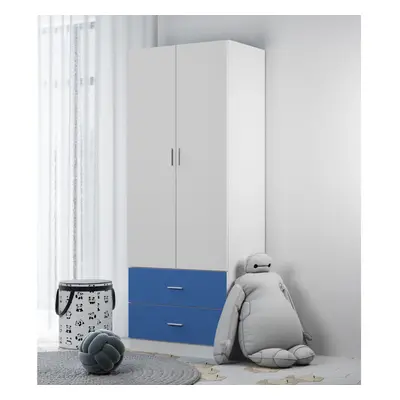 (White Carcass + Blue Drawers) Wooden Door Drawer Kids Wardrobe Hanging Bar