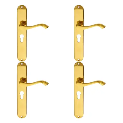 4x PAIR Curved Lever on Long Slim Euro Lock Backplate x 40mm Polished Brass