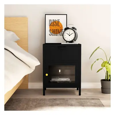 vidaXL Nightstand Black Steel and Glass Bedside Storage Cabinet Side Table