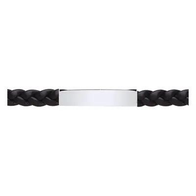 Jewelco London Mens Stainless Steel Black Leather Platted ID Bracelet 8mm inch - BRC153BLK