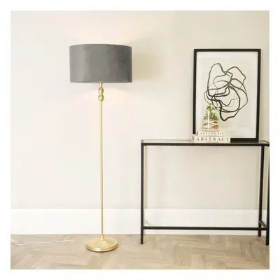 ValueLights Maggie Gold Candlestick Floor Lamp with Grey Velvet Shade