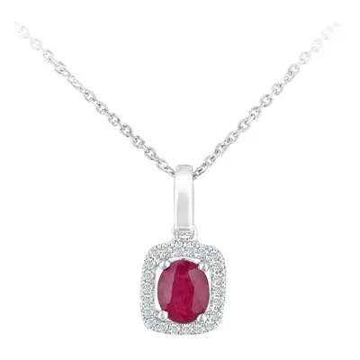 Jewelco London 9ct White Gold Round 5pts Diamond Oval 0.38ct Ruby Cluster Pendant Necklace inch 