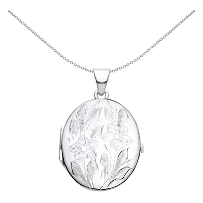 Jewelco London Ladies Rhodium Plated Sterling Silver Flower Leaves Engraved Oval Locket Pendant 