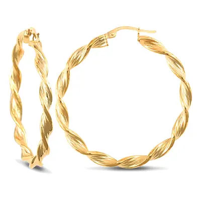 Jewelco London Ladies 9ct Yellow Gold Barked Platted Candy Twist 3.5mm Hoop Earrings 37mm - JER1