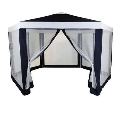 Charles Bentley Hexagonal Gazebo with Mesh Sides Blue/Beige Showerproof PE Zipper Heavy Duty