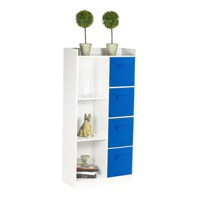 (White, Dark Blue) Bookcase with Fabric Drawers | Cube Wooden Unit